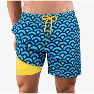 Capelle Collins‎ Swim Trunks Blue Hybrid Shorts Yellow Seahorse Size L